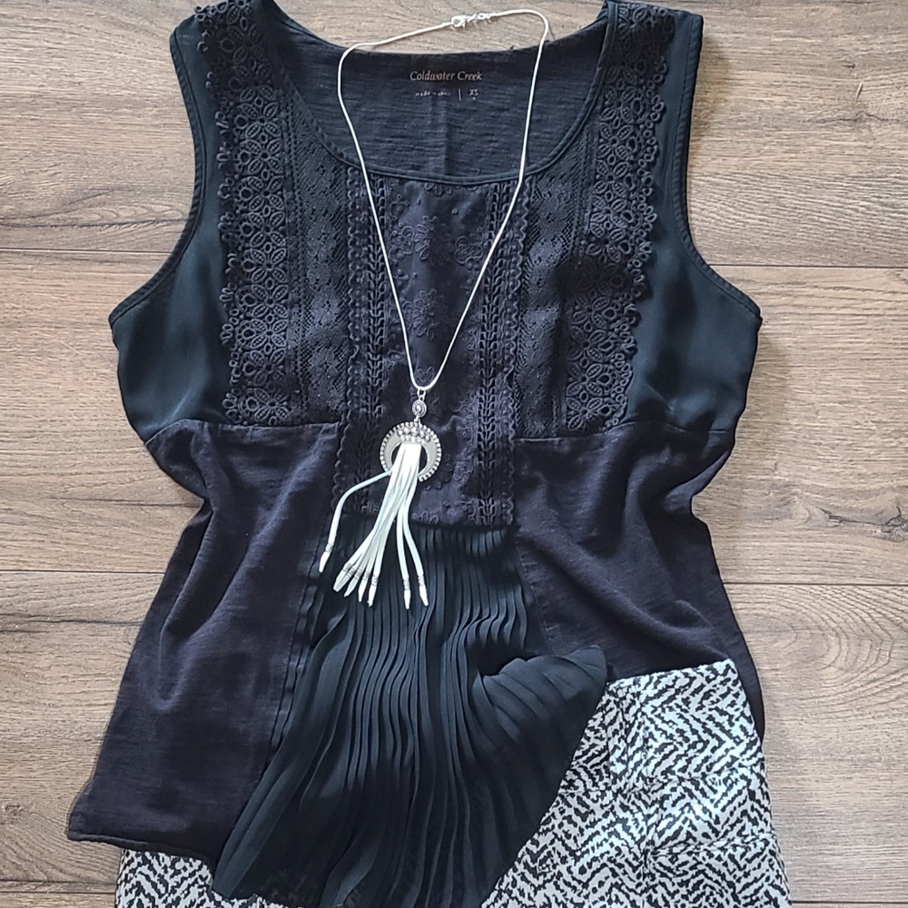 Gently Worn - COLDWATER CREEK - Black Embellished Top, Lace, Crochet- Size XS